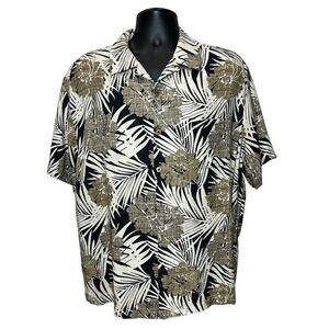 Caribbean Pure Silk Men's Short Sleeve Shirt Tropical Print Black Tan‎ Cream XL